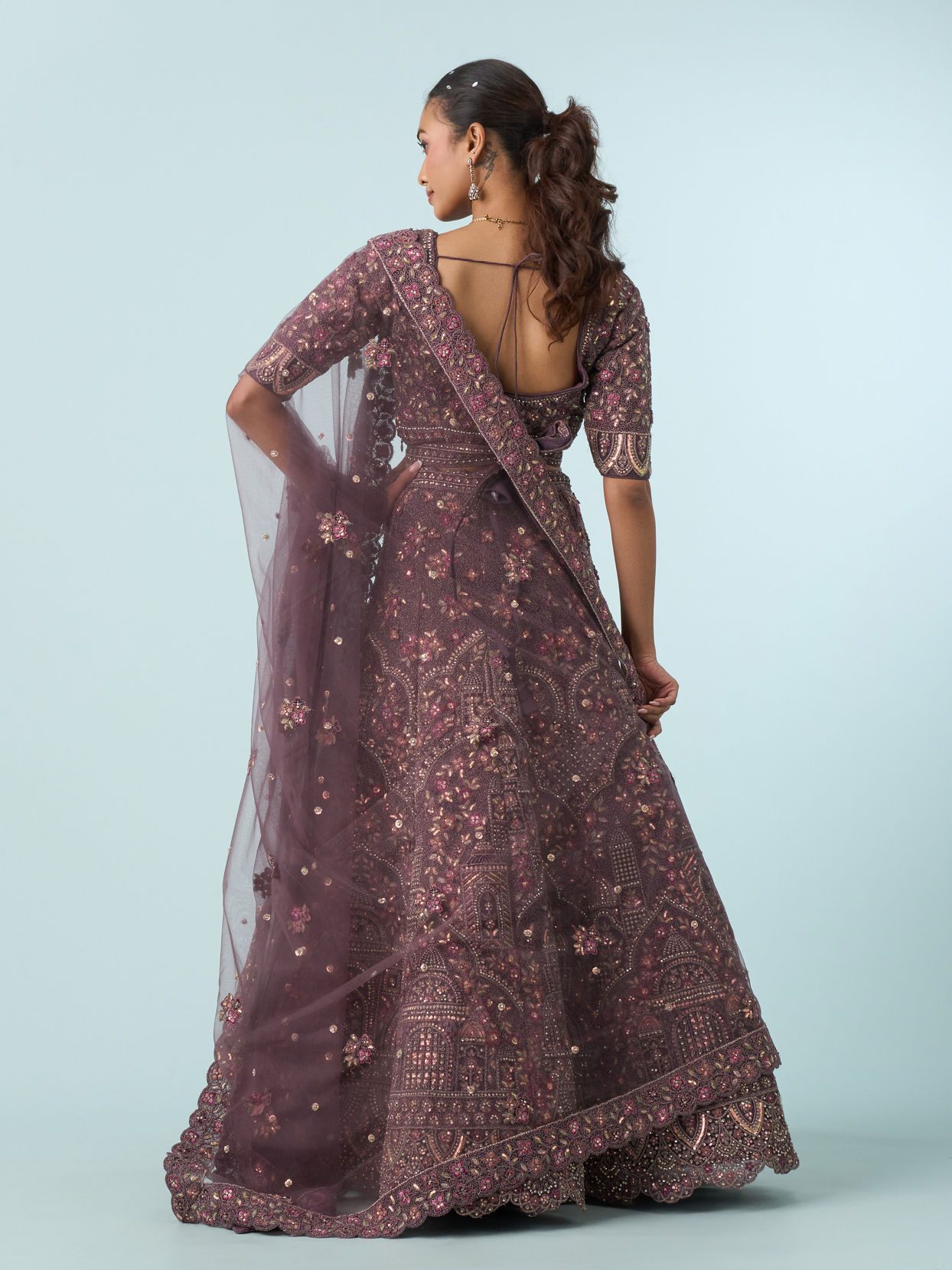 Mohey Women Purple Net Bridal Lehenga Set