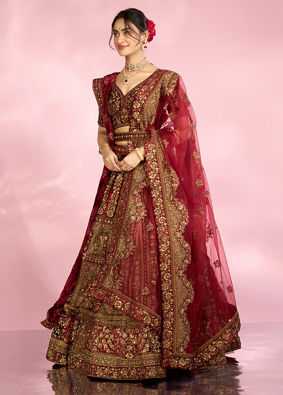 Mohey Women Velvety Maroon Elegance Bridal Lehenga