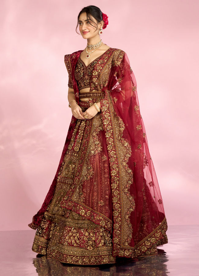 Mohey Women Velvety Maroon Elegance Bridal Lehenga