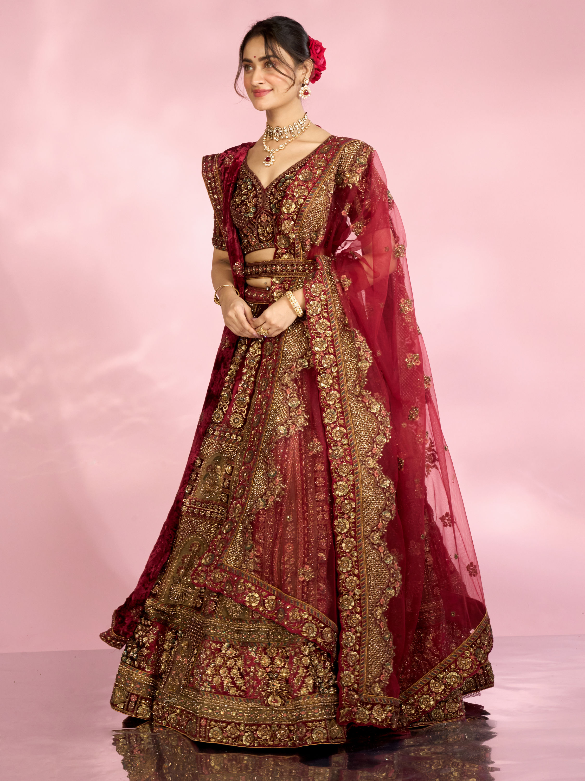 Mohey Women Velvety Maroon Elegance Bridal Lehenga