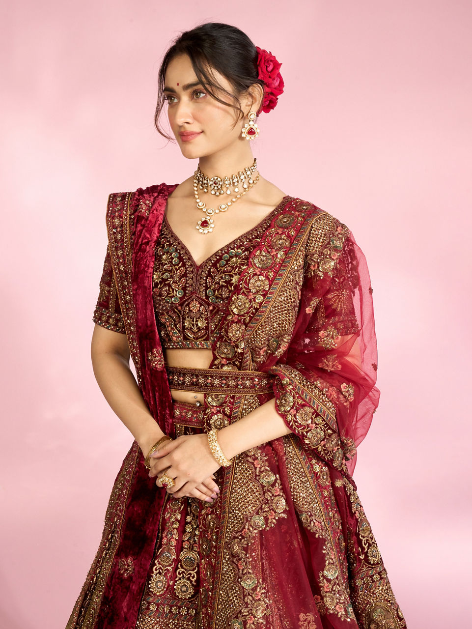 Mohey Women Velvety Maroon Elegance Bridal Lehenga