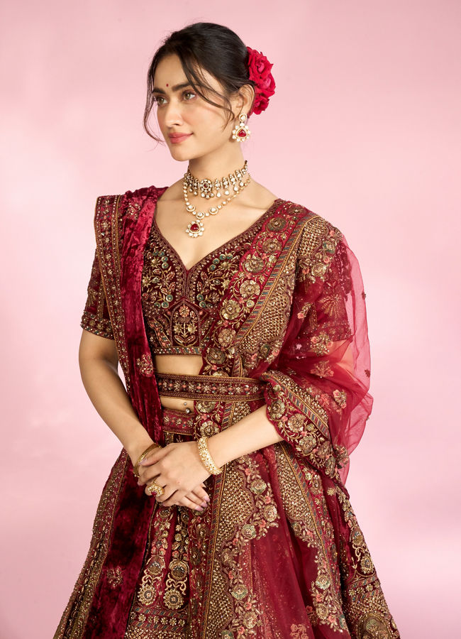 Mohey Women Velvety Maroon Elegance Bridal Lehenga