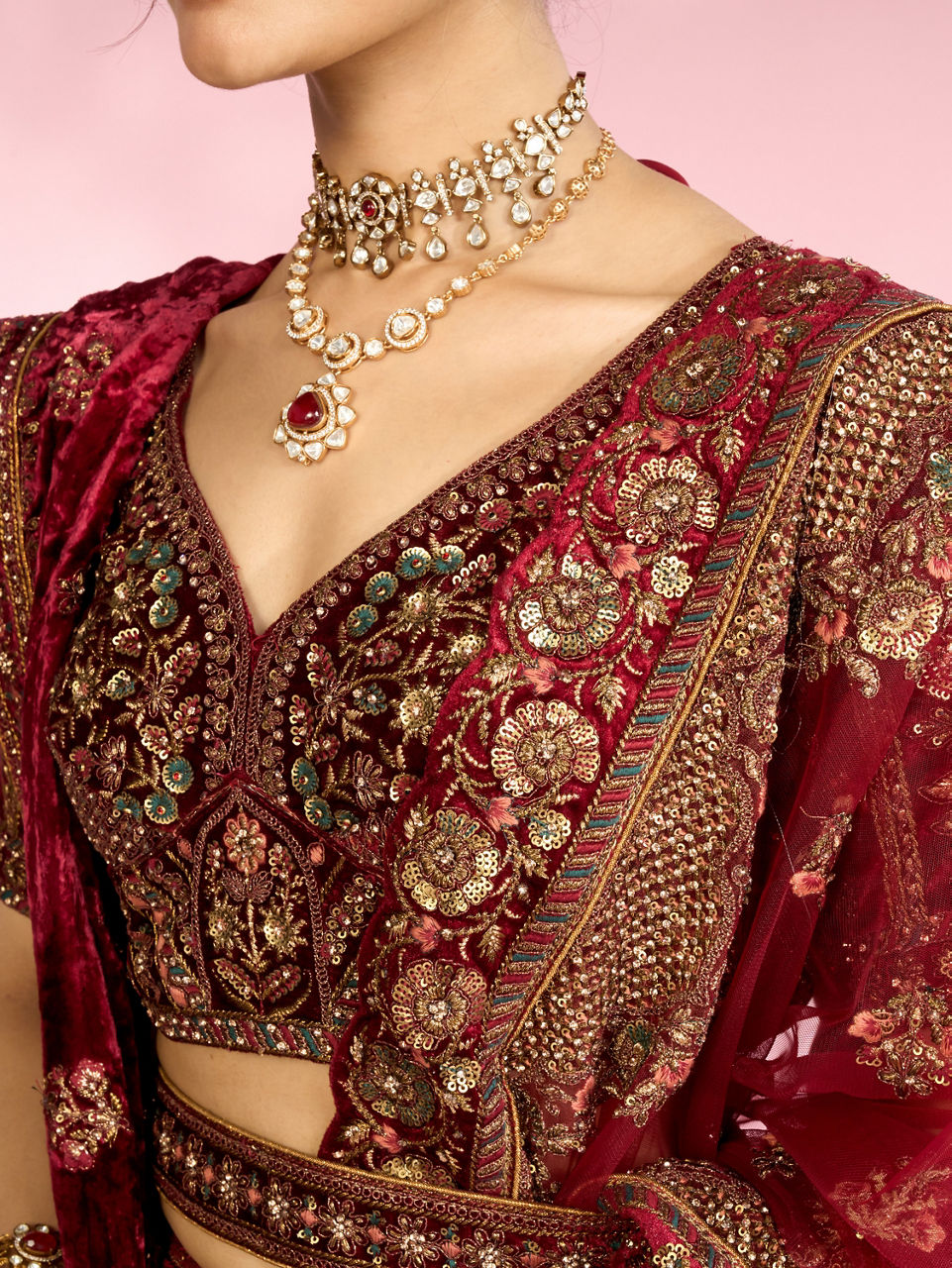 Mohey Women Velvety Maroon Elegance Bridal Lehenga