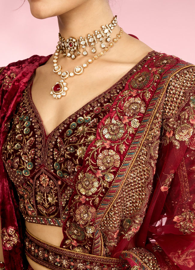 Mohey Women Velvety Maroon Elegance Bridal Lehenga