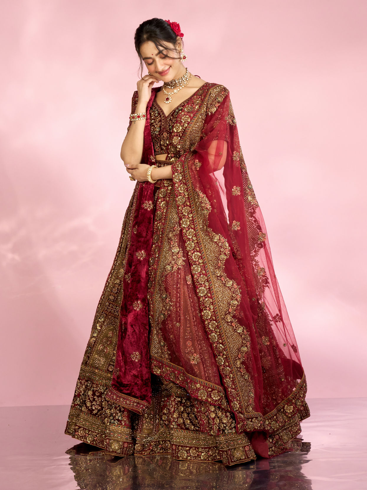 Mohey Women Velvety Maroon Elegance Bridal Lehenga
