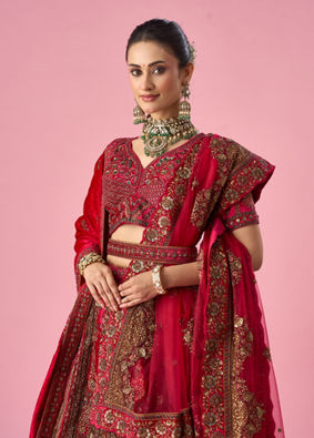 Mohey Women Pink Velvet Bridal Lehenga with Stone Work