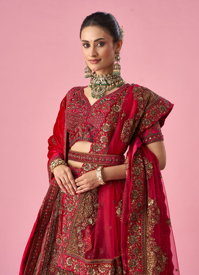 Mohey Women Pink Velvet Bridal Lehenga with Stone Work