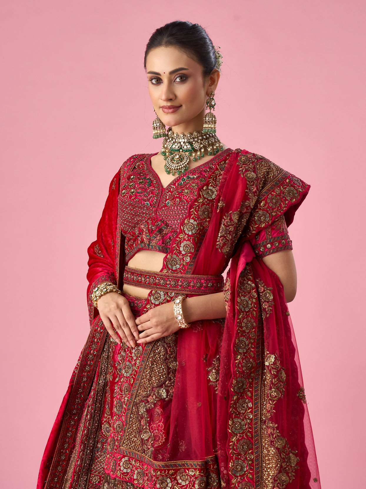 Mohey Women Pink Velvet Bridal Lehenga with Stone Work