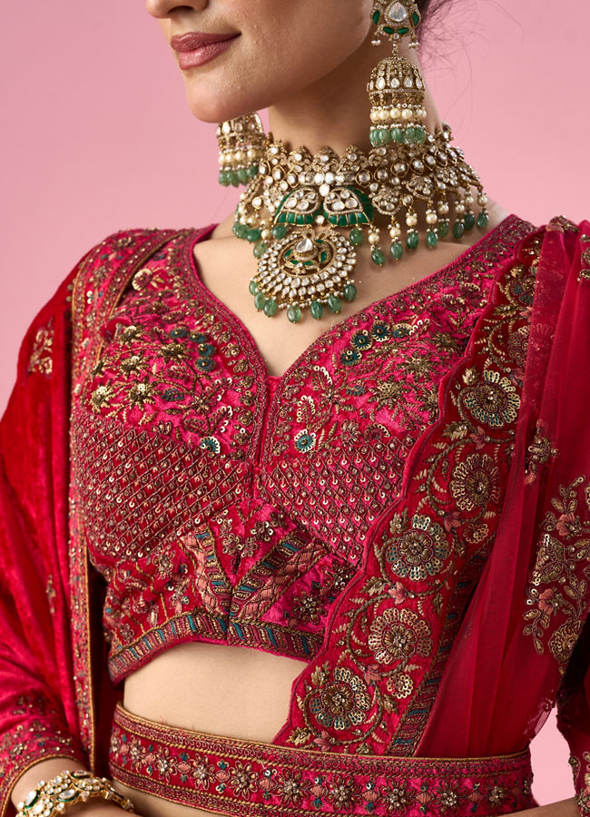 Mohey Women Pink Velvet Bridal Lehenga with Stone Work