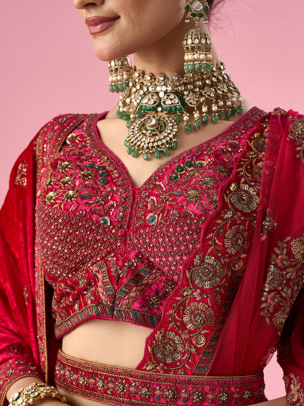 Mohey Women Pink Velvet Bridal Lehenga with Stone Work