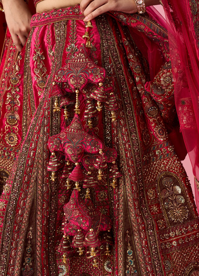 Mohey Women Pink Velvet Bridal Lehenga with Stone Work