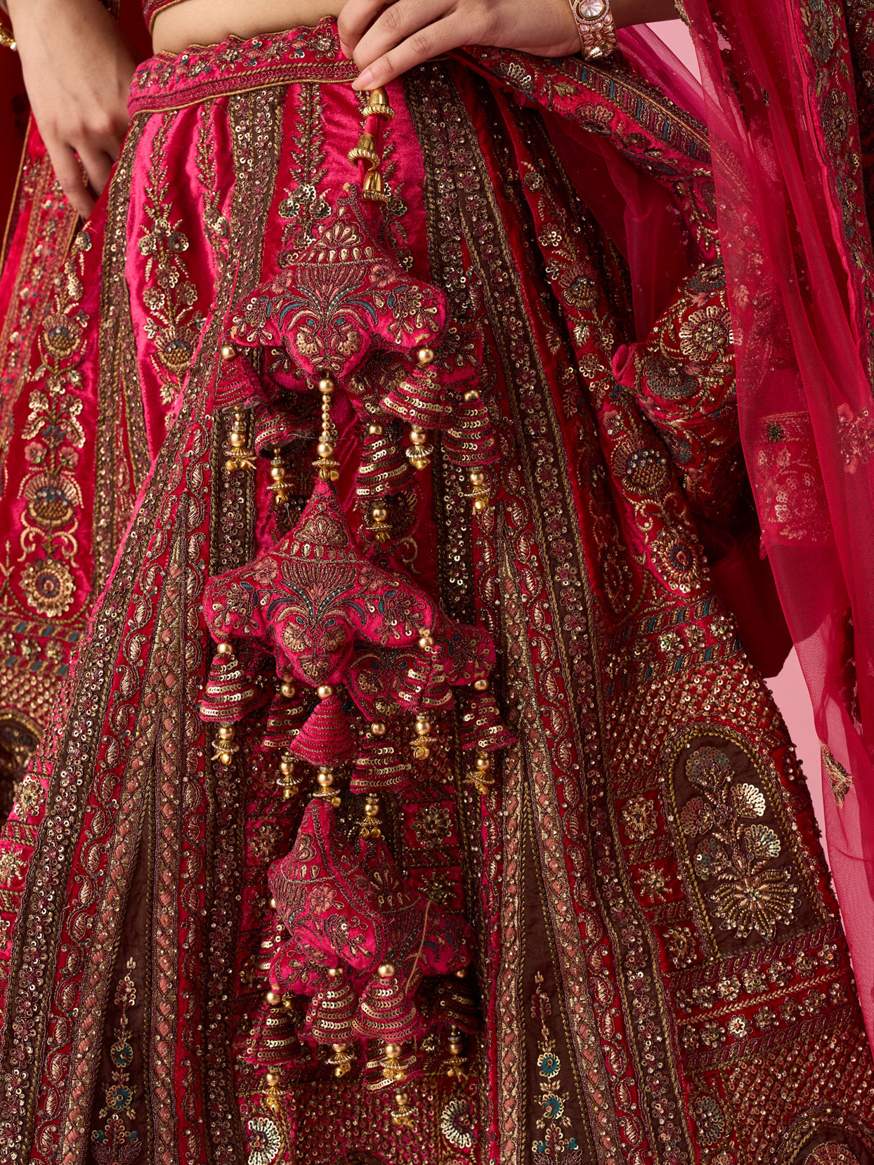 Mohey Women Pink Velvet Bridal Lehenga with Stone Work