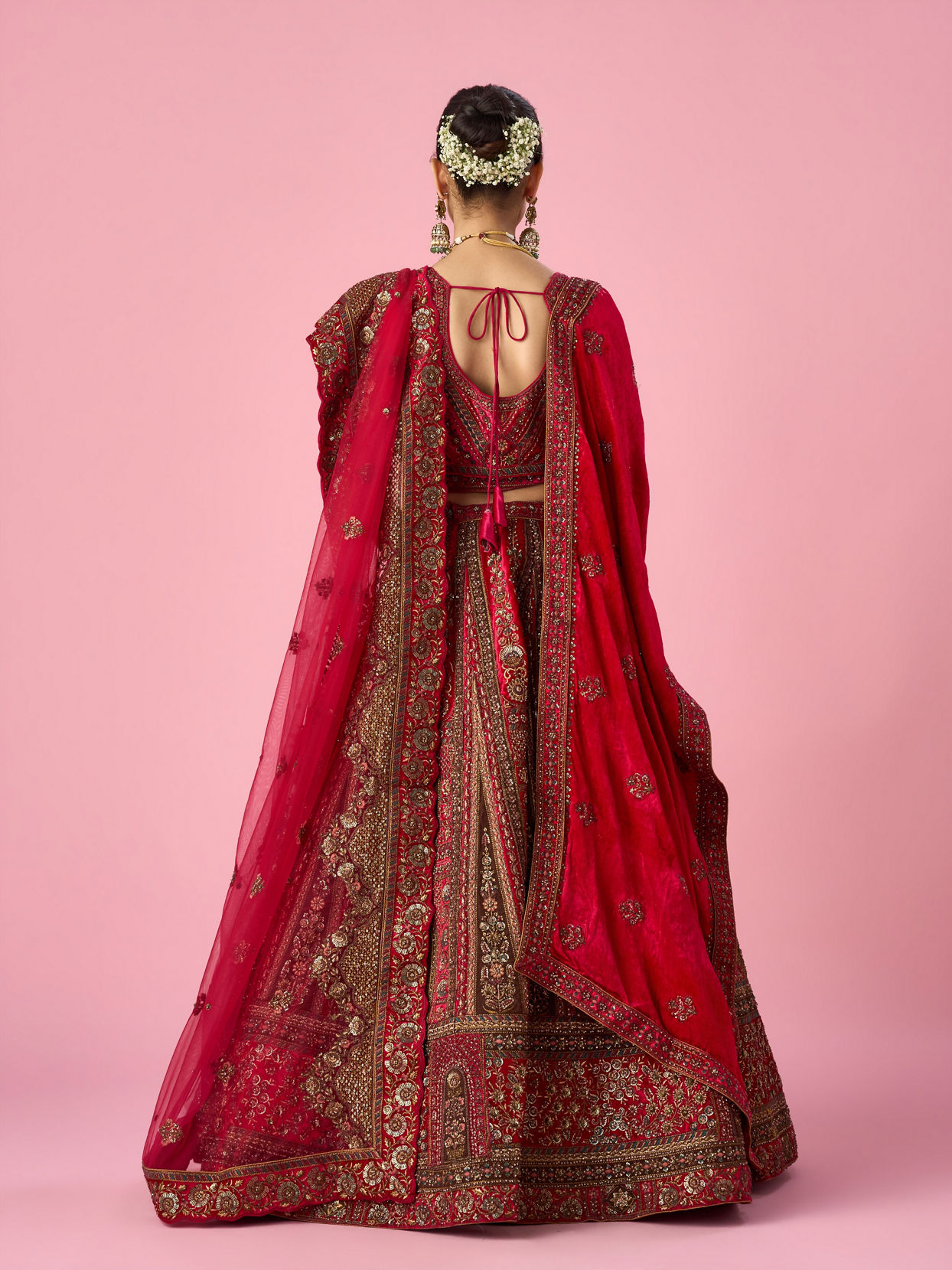 Mohey Women Pink Velvet Bridal Lehenga with Stone Work