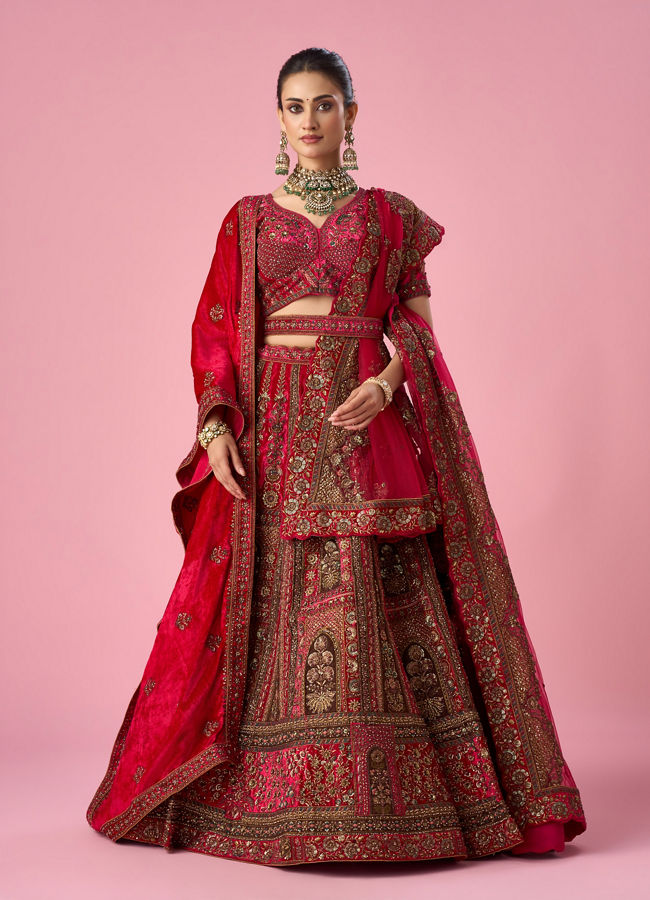 Mohey Women Pink Velvet Bridal Lehenga with Stone Work