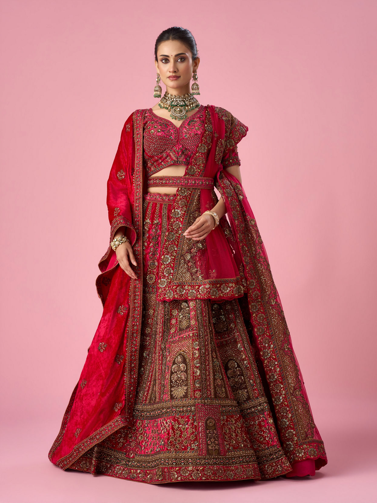 Mohey Women Pink Velvet Bridal Lehenga with Stone Work