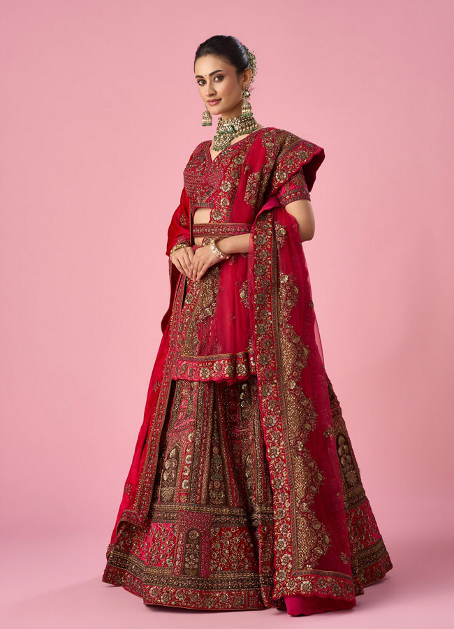 Mohey Women Pink Velvet Bridal Lehenga with Stone Work