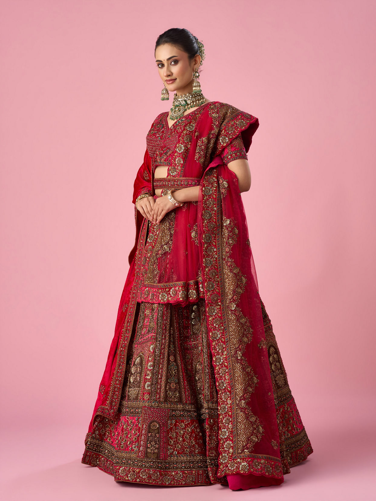Mohey Women Pink Velvet Bridal Lehenga with Stone Work