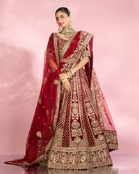 Mohey Women Velvety Maroon Bridal Lehenga with Double Dupatta