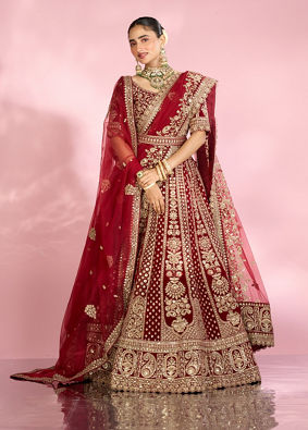 Mohey Women Velvety Maroon Bridal Lehenga with Double Dupatta