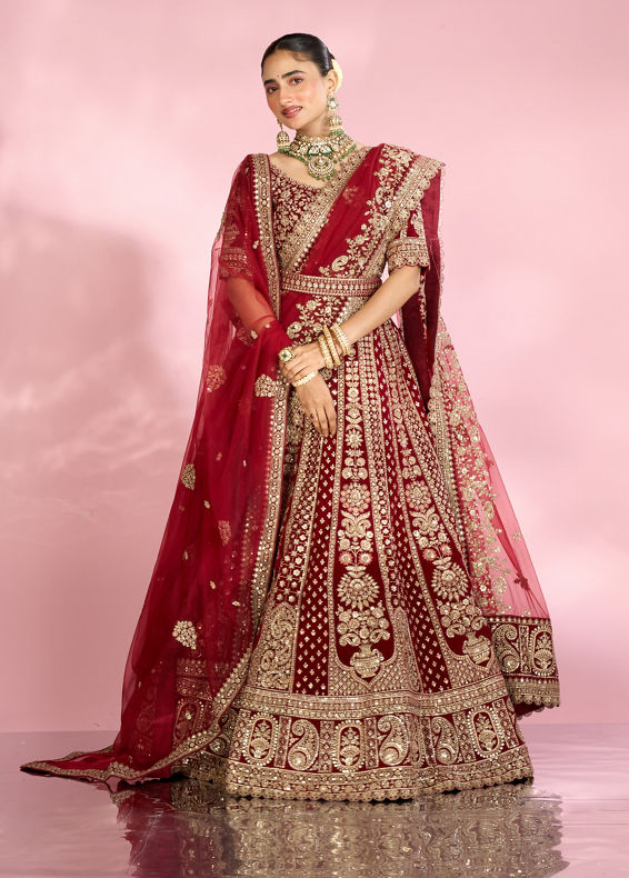 Mohey Women Velvety Maroon Bridal Lehenga with Double Dupatta