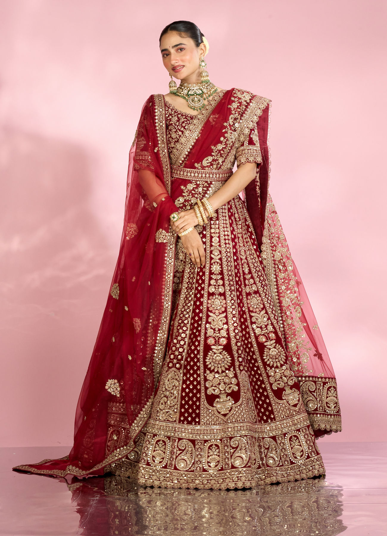 Mohey Women Velvety Maroon Bridal Lehenga with Double Dupatta