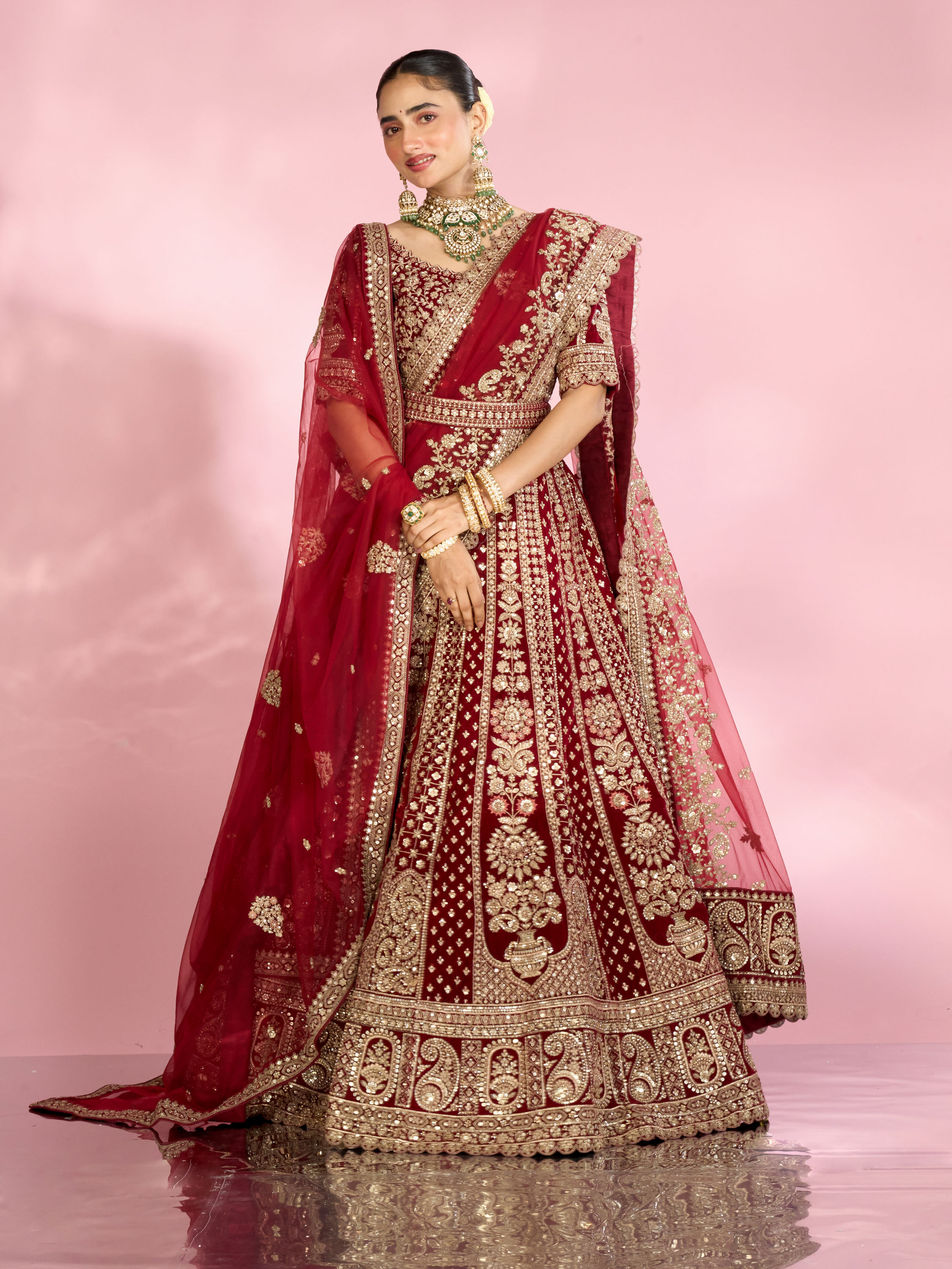 Mohey Women Velvety Maroon Bridal Lehenga with Double Dupatta