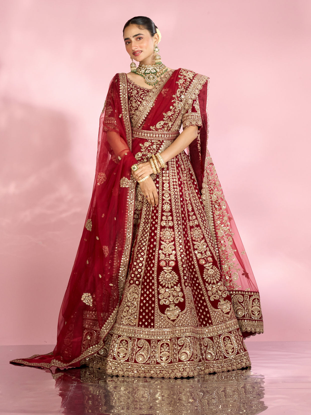 Mohey Women Velvety Maroon Bridal Lehenga with Double Dupatta