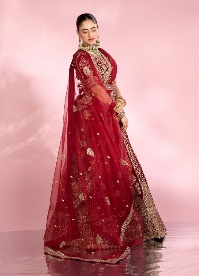 Mohey Women Velvety Maroon Bridal Lehenga with Double Dupatta