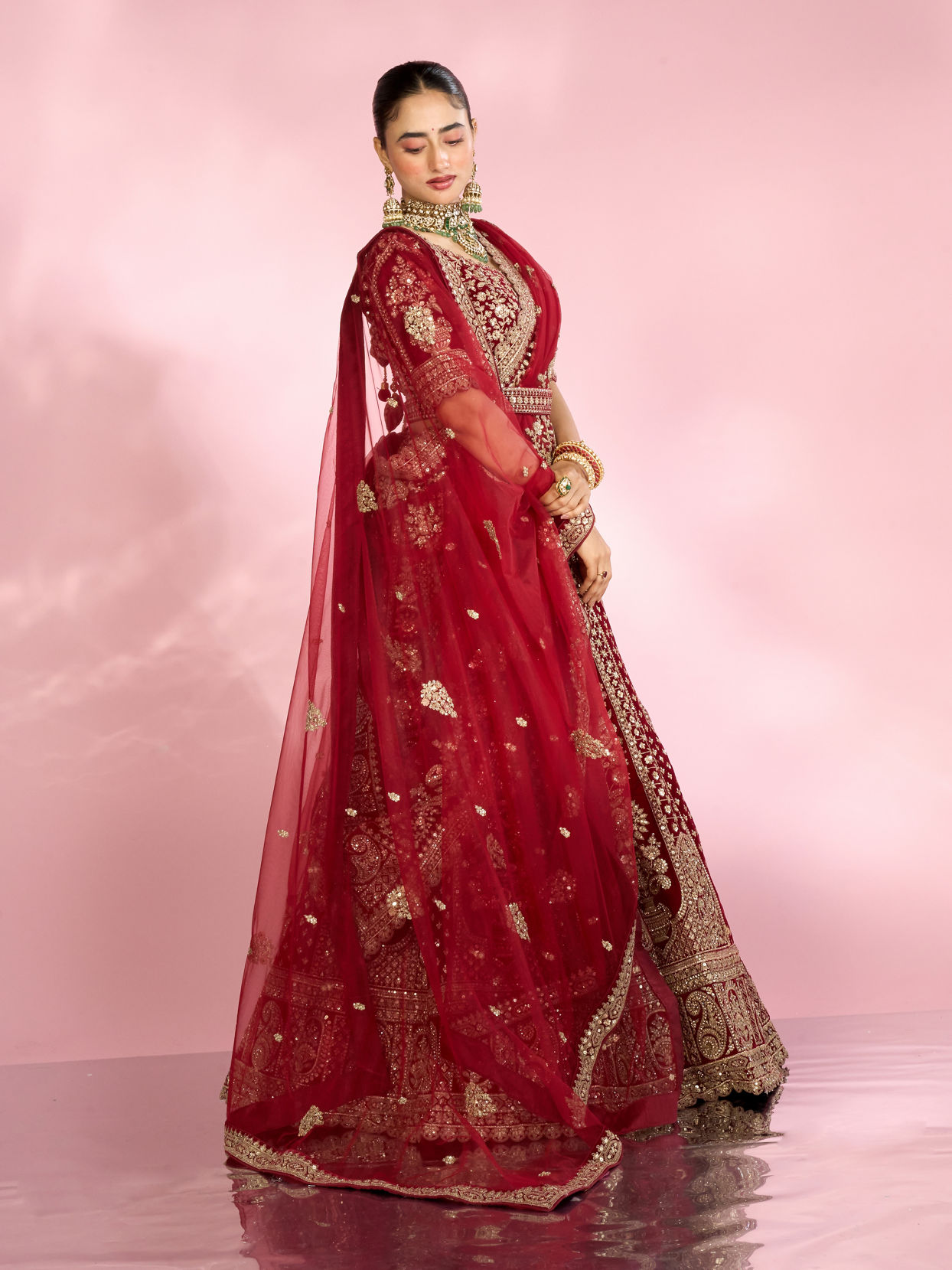 Mohey Women Velvety Maroon Bridal Lehenga with Double Dupatta