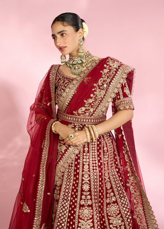 Mohey Women Velvety Maroon Bridal Lehenga with Double Dupatta