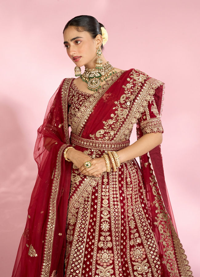Mohey Women Velvety Maroon Bridal Lehenga with Double Dupatta