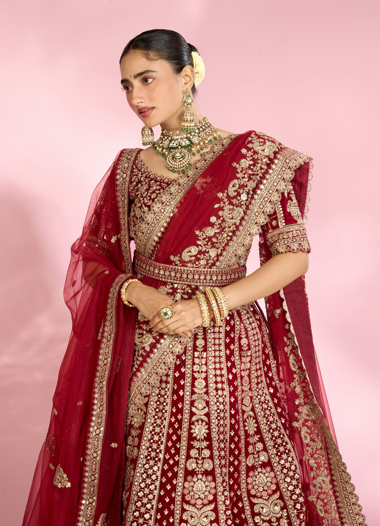 Mohey Women Velvety Maroon Bridal Lehenga with Double Dupatta