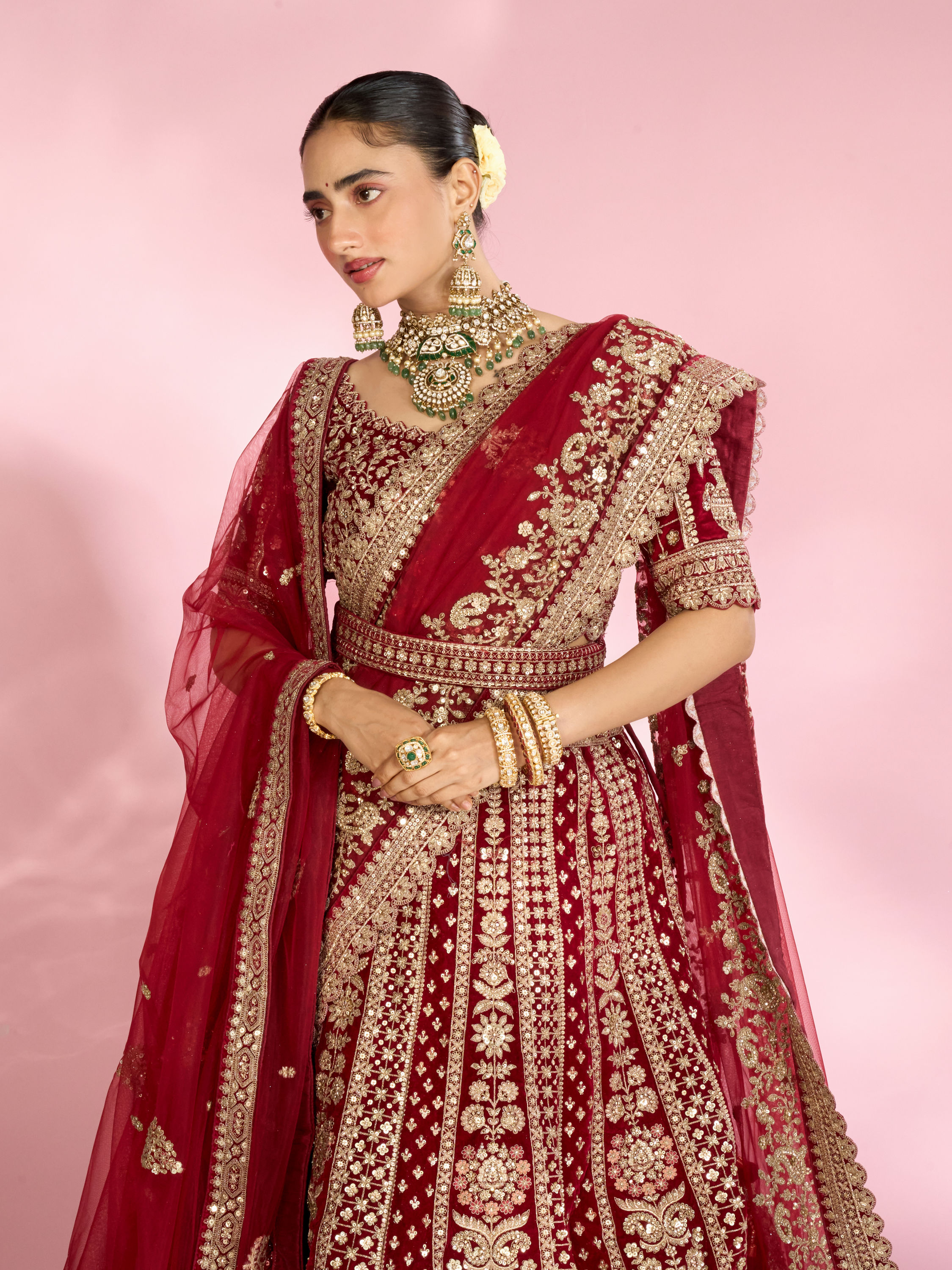 Mohey Women Velvety Maroon Bridal Lehenga with Double Dupatta