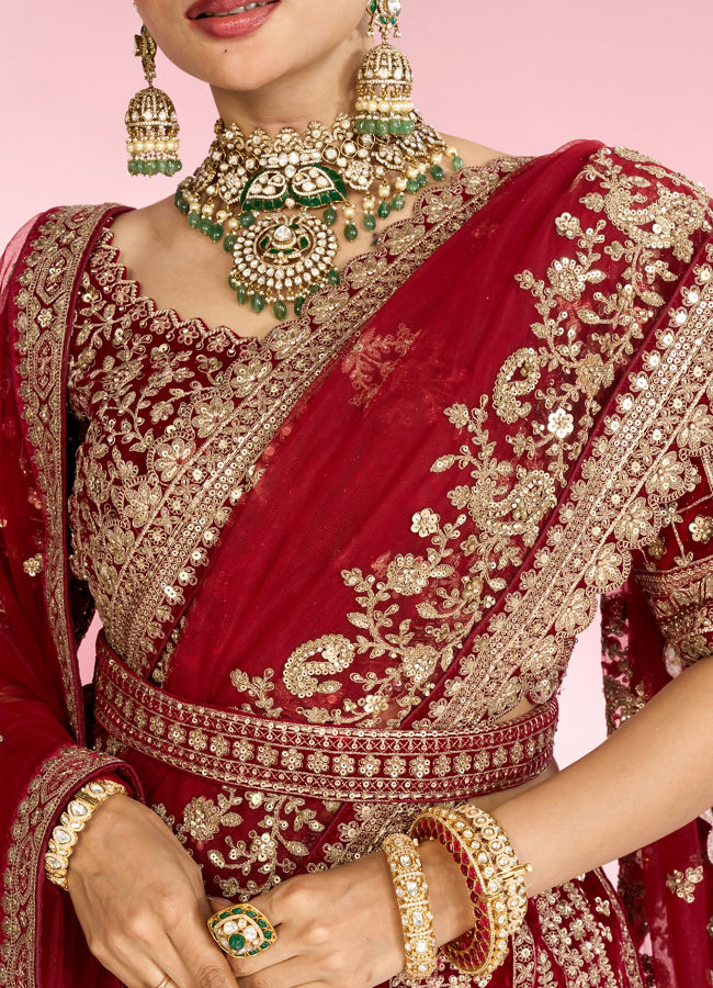 Mohey Women Velvety Maroon Bridal Lehenga with Double Dupatta