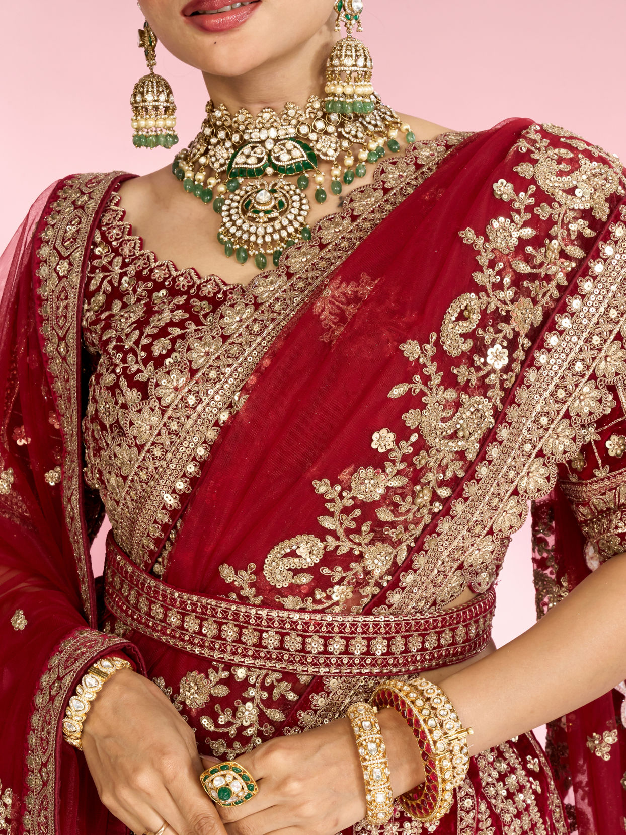 Mohey Women Velvety Maroon Bridal Lehenga with Double Dupatta
