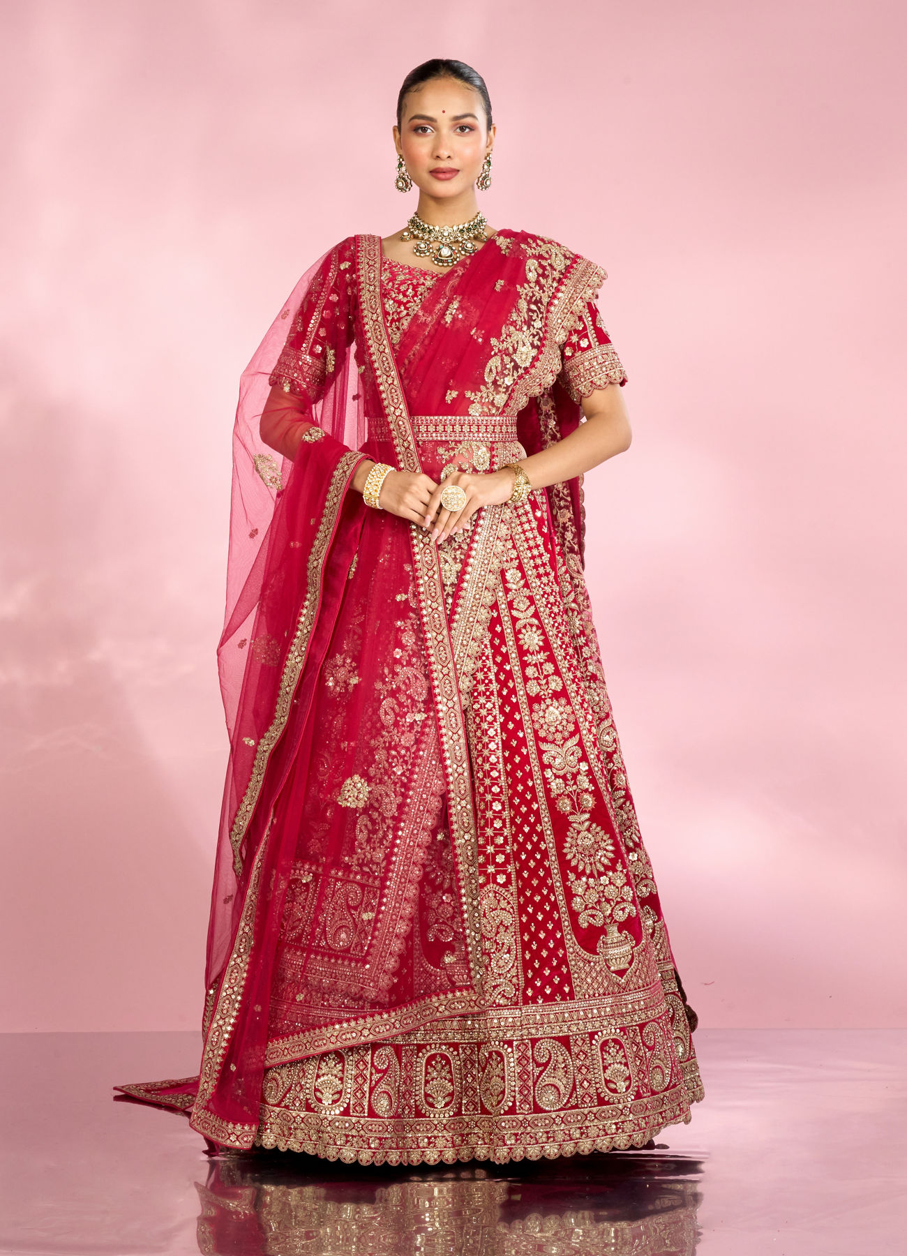 Mohey Women Enchanting Pink Velvet Lehenga Set with Dupatta