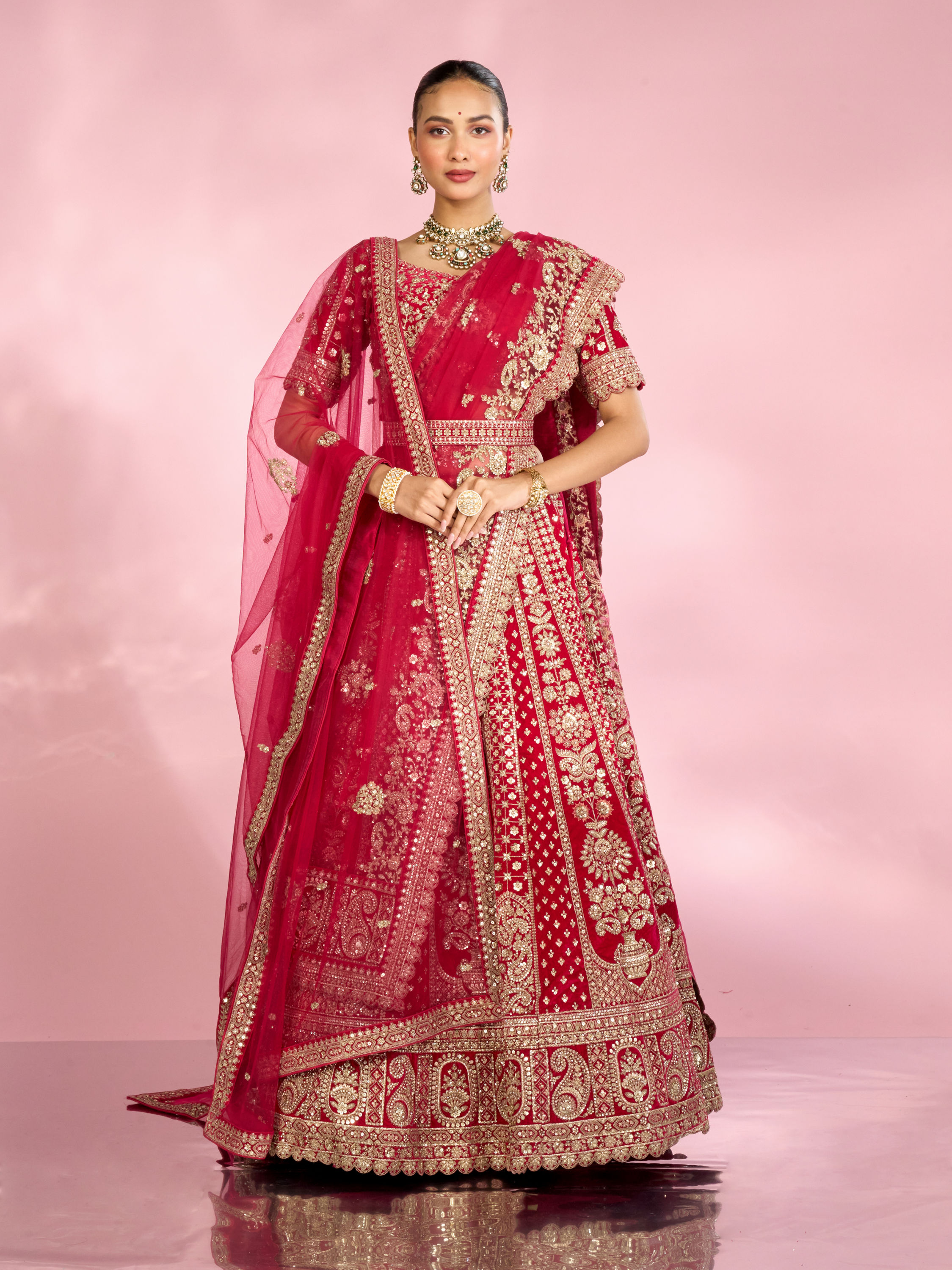 Mohey Women Enchanting Pink Velvet Lehenga Set with Dupatta