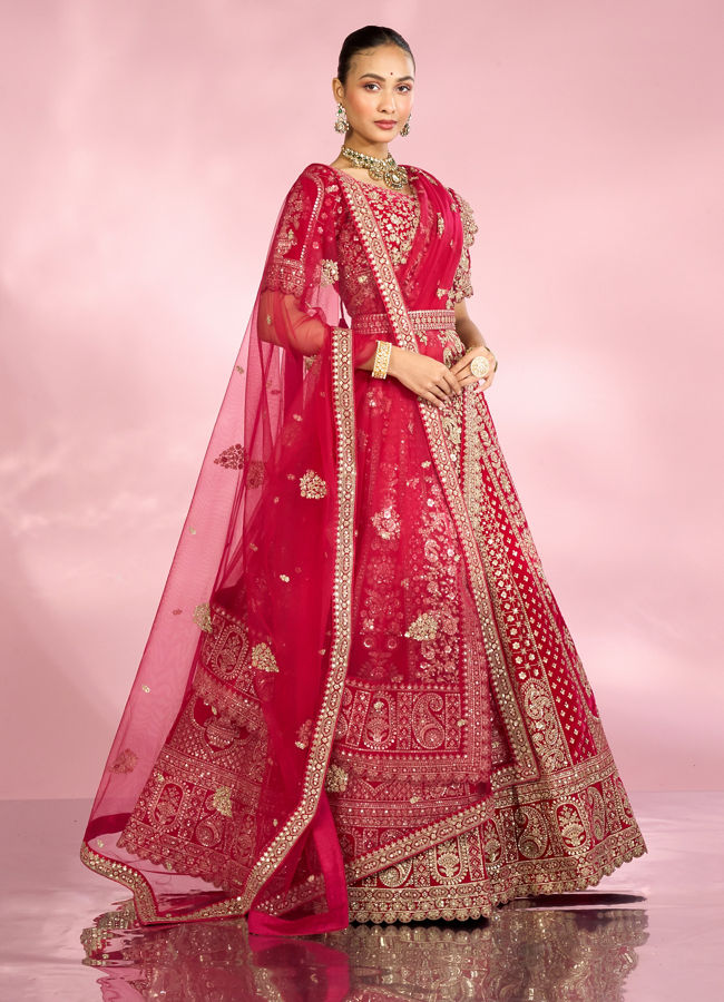 Mohey Women Enchanting Pink Velvet Lehenga Set with Dupatta
