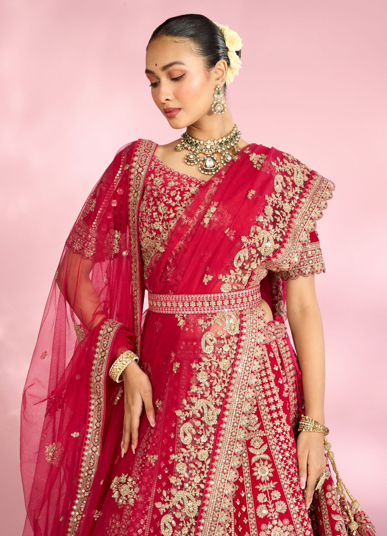 Mohey Women Enchanting Pink Velvet Lehenga Set with Dupatta