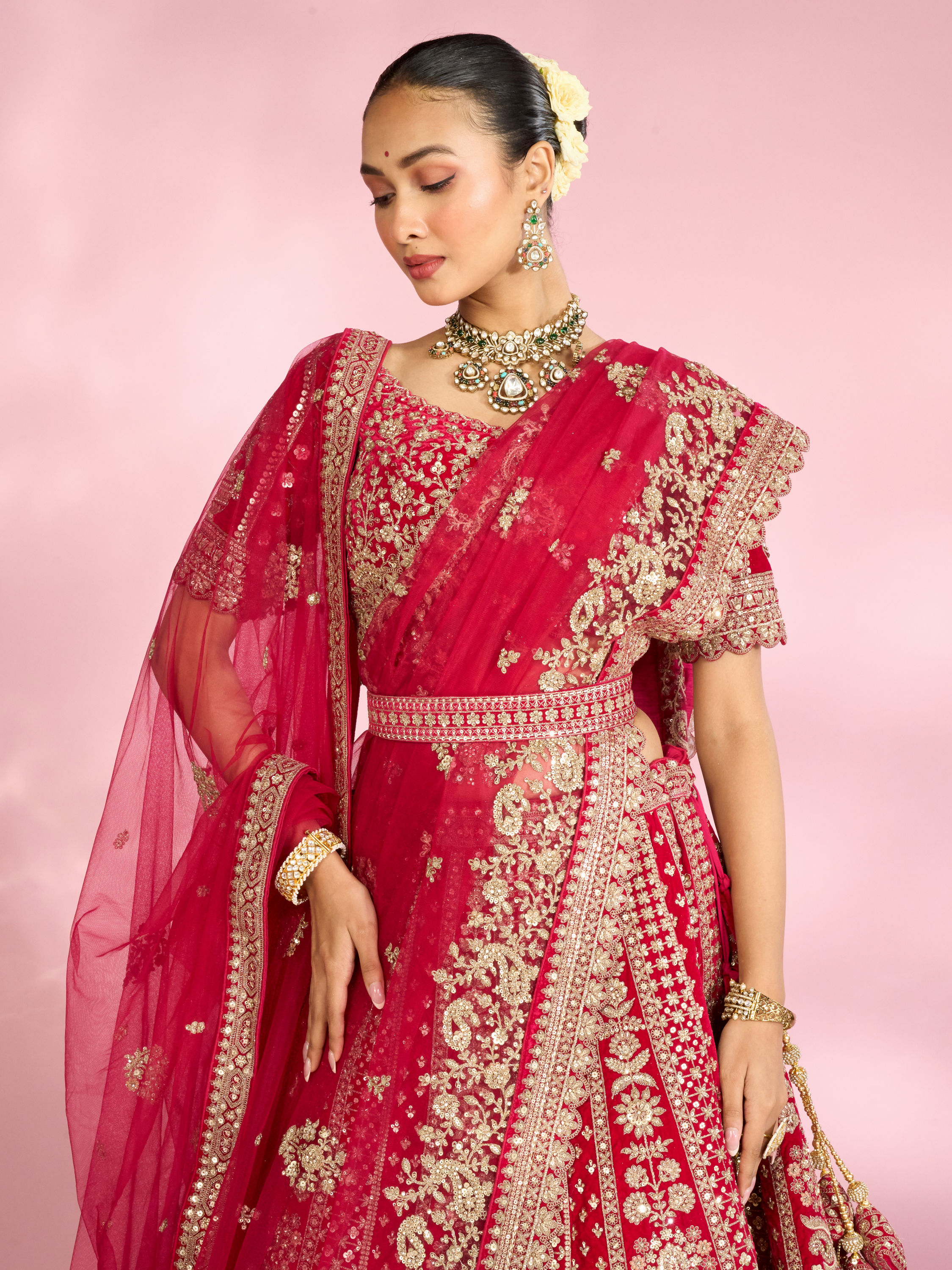 Mohey Women Enchanting Pink Velvet Lehenga Set with Dupatta