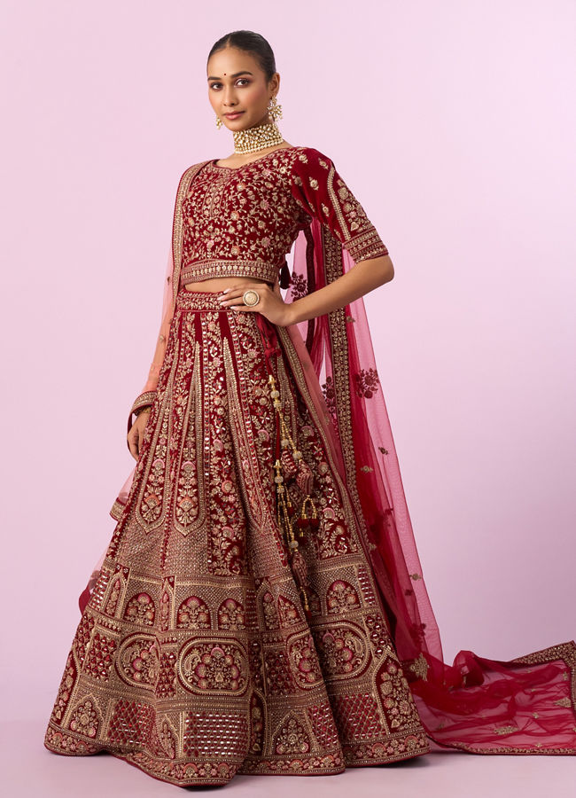 Mohey Women Regal Maroon Velvet Bridal Lehenga