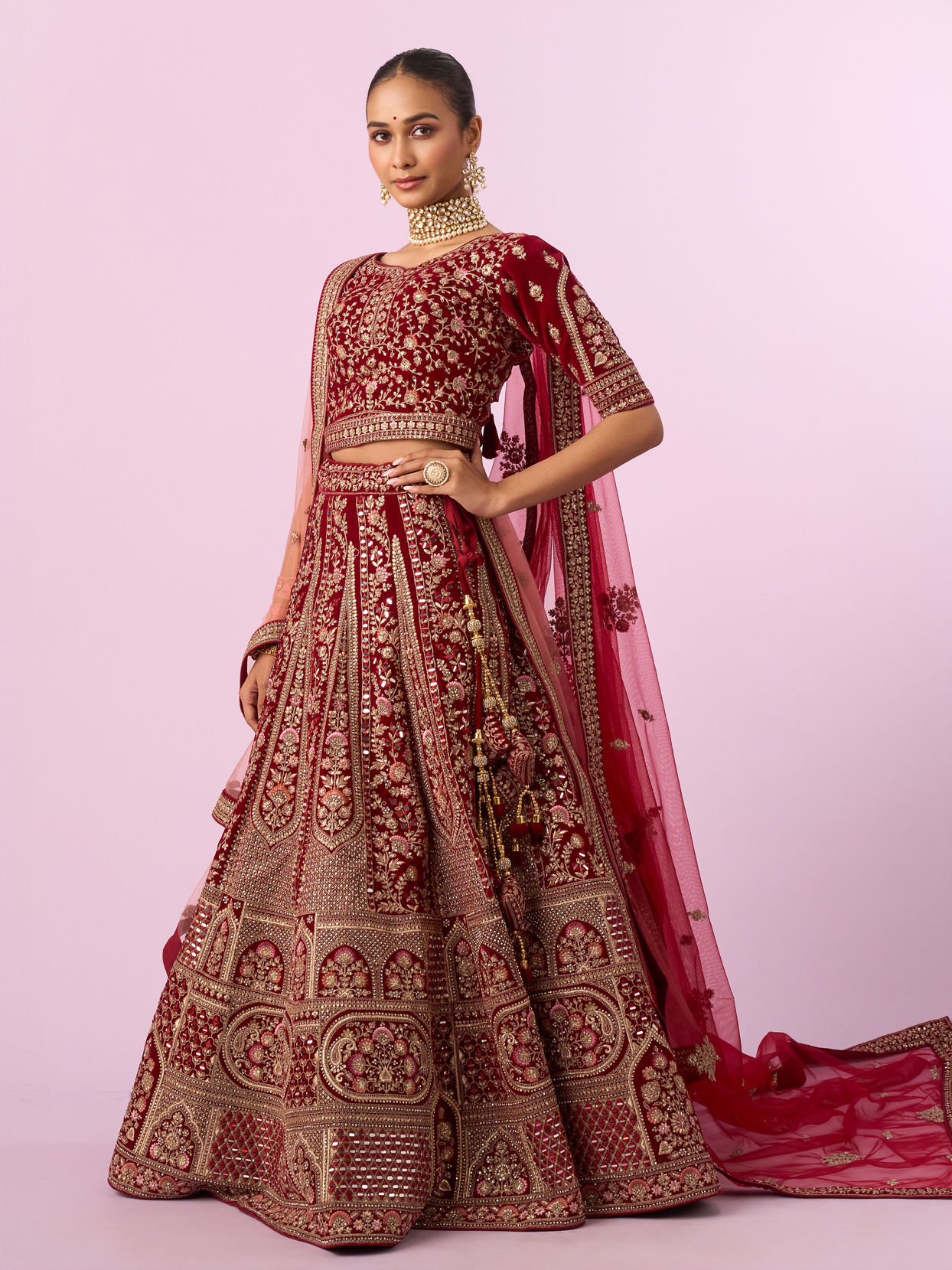 Mohey Women Regal Maroon Velvet Bridal Lehenga