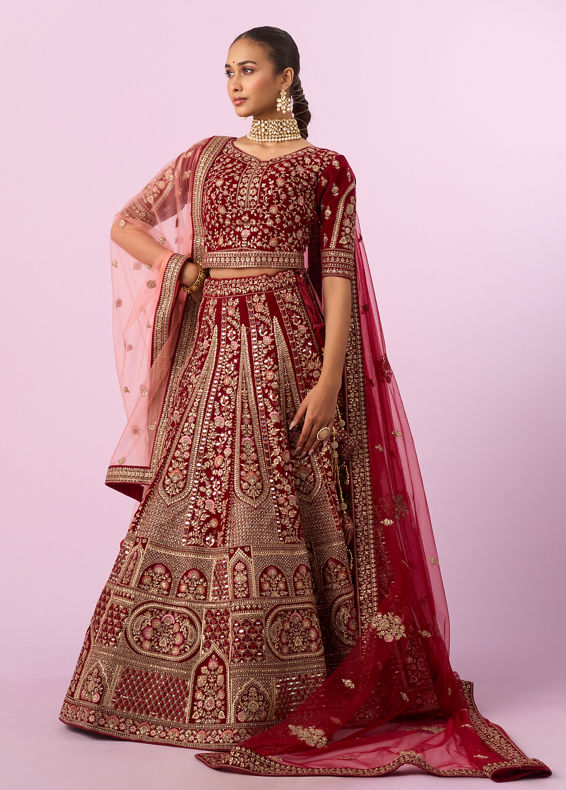 Mohey Women Regal Maroon Velvet Bridal Lehenga