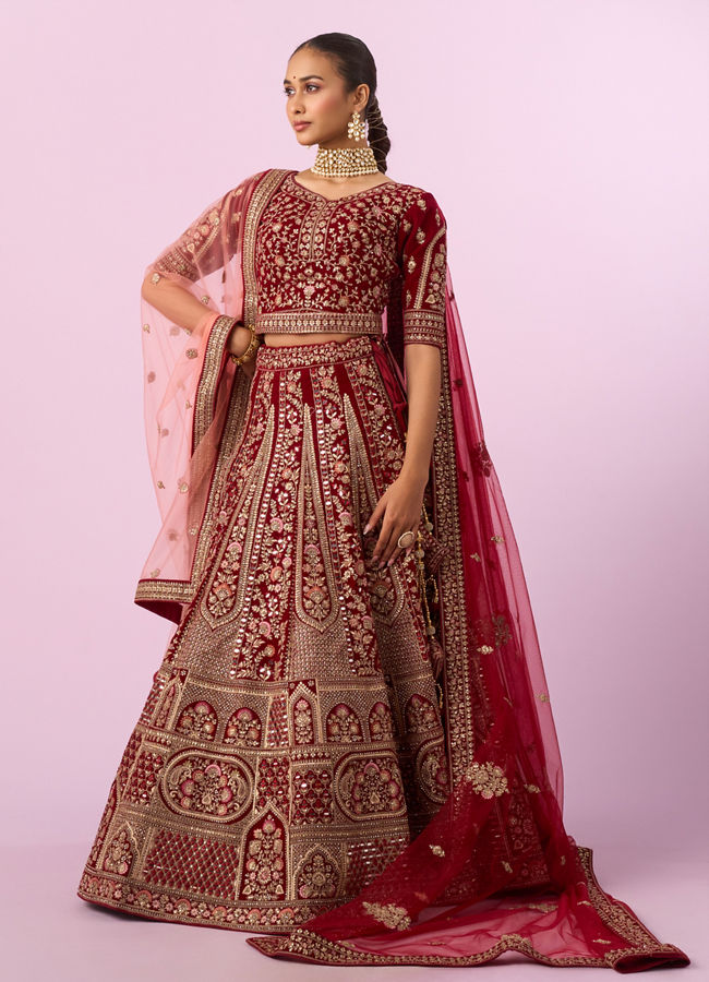 Mohey Women Regal Maroon Velvet Bridal Lehenga