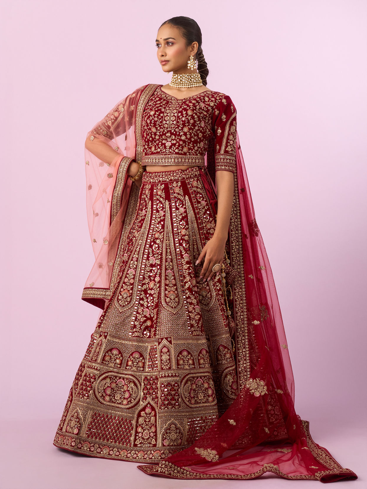 Mohey Women Regal Maroon Velvet Bridal Lehenga