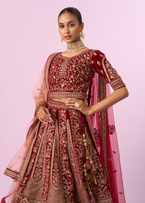 Mohey Women Regal Maroon Velvet Bridal Lehenga