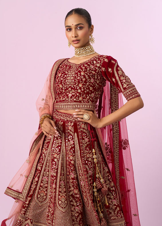 Mohey Women Regal Maroon Velvet Bridal Lehenga
