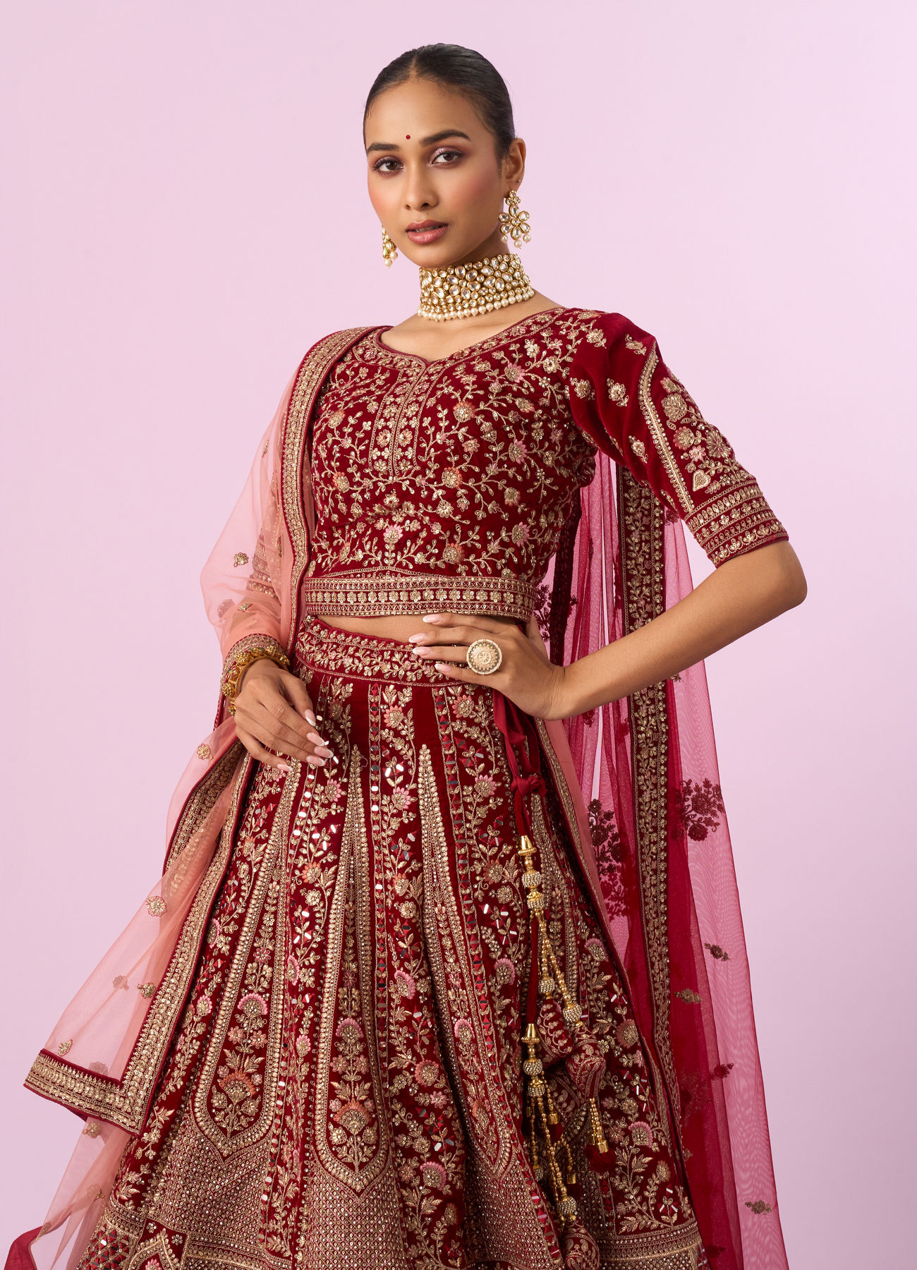 Mohey Women Regal Maroon Velvet Bridal Lehenga