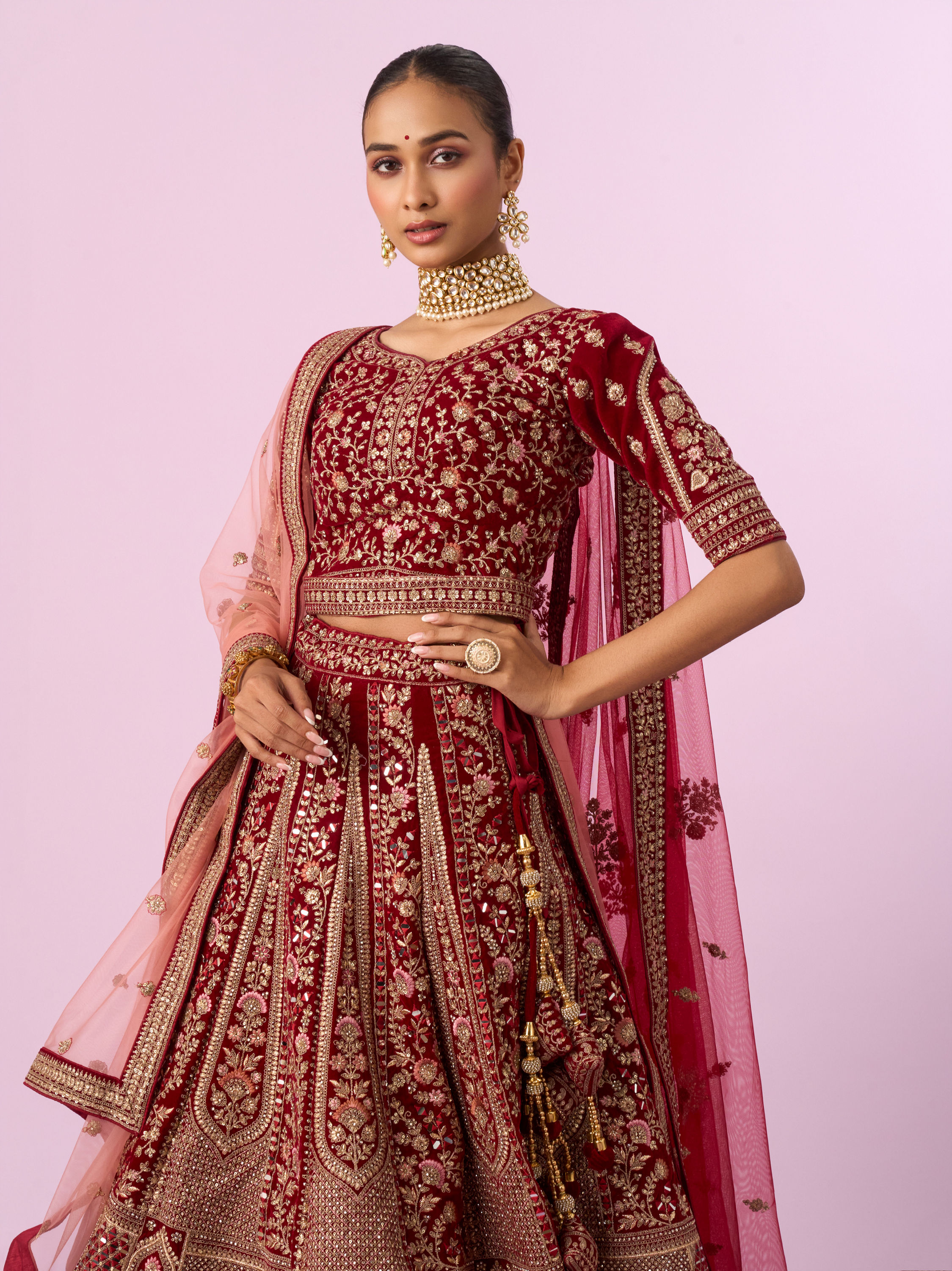 Mohey Women Regal Maroon Velvet Bridal Lehenga