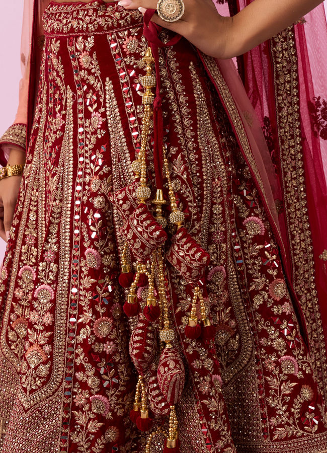 Mohey Women Regal Maroon Velvet Bridal Lehenga